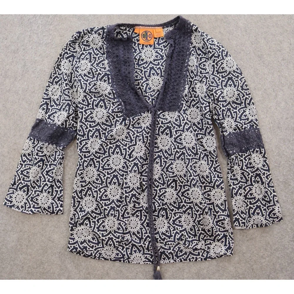 Tory Burch Top Womens 4 Blue Peasant Front Tie Floral Scoop Neck
